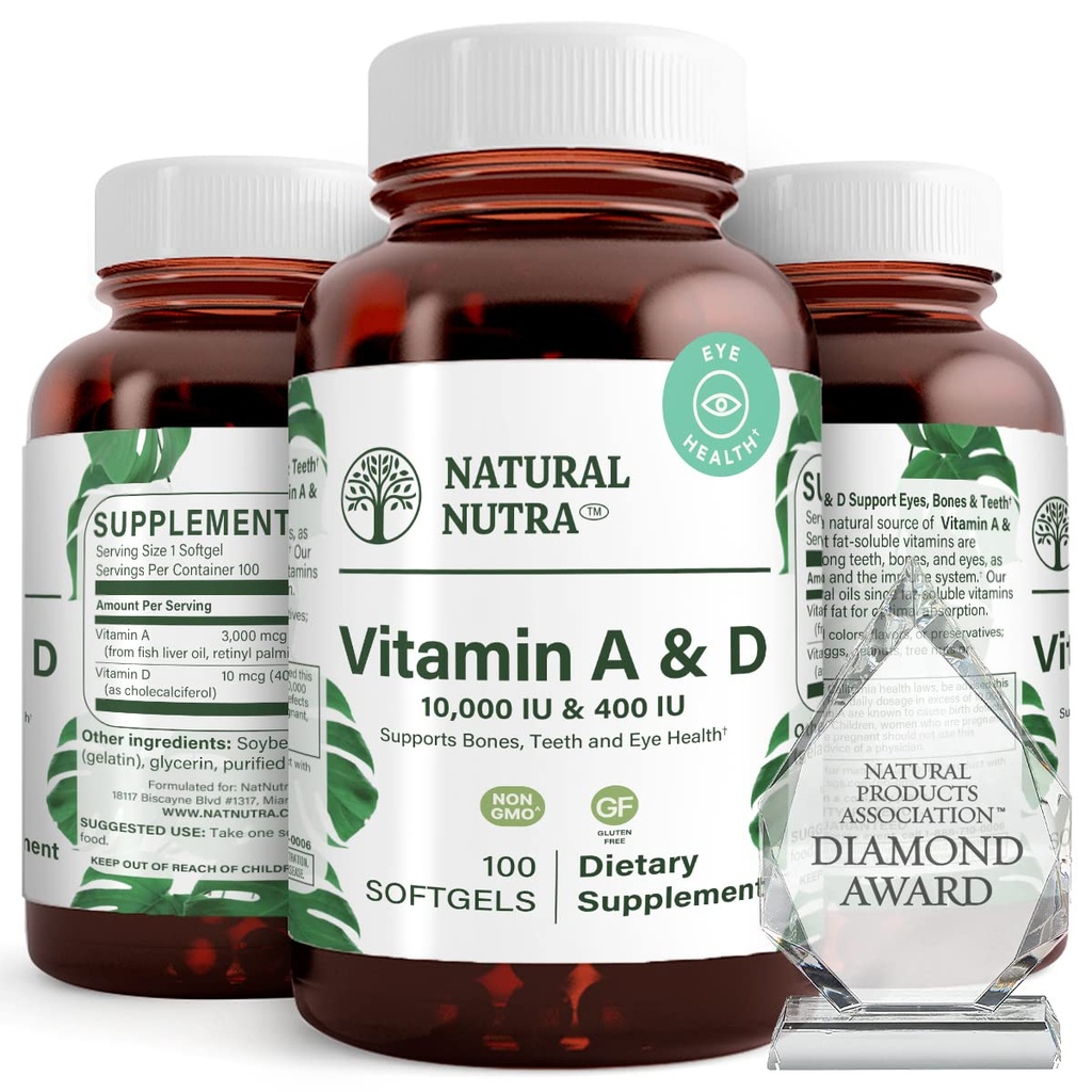 Přírodní Nutra vitamin A a D, podporuje kostní zdraví a zlepšení zdraví očí, podporuje silné zuby, zlepšuje vitalitu, sourced z Cod jaterní olej, podporuje celkové zdraví, 10000IU / 400IU, 100 Softgels