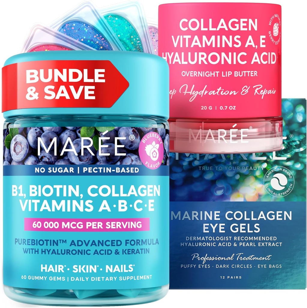 MAREE Bundle - Vitamin B1 Thiamin gumy, Maska na rty, Pod očními gely - A, E, D, C Vitamíny - kolagen & Hyaluronic Acid - Komplex pro pleť, hřebíky, vlasy - Maska pro suché rty - Gely pro panenské oči
