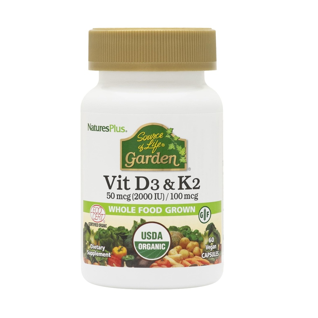 Natures Plus Zdroj života Zahrada Vitamin D3 & K2-60 Vegan Kapsle - Promotes Bone Support, Imunitní funkce, Kardiovaskulární zdraví & Mood Balance - Vegan, gluten zdarma - 60 Služeb