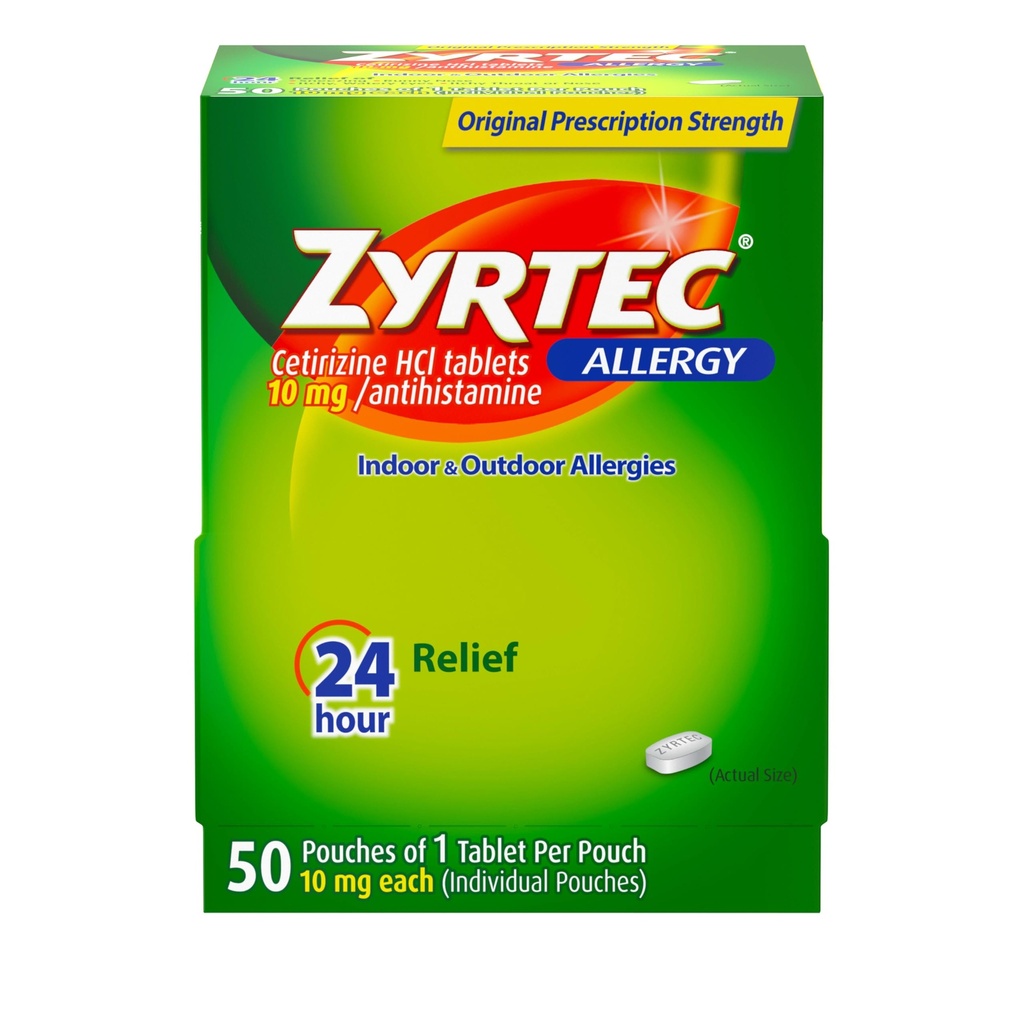 Zyrtec 24 hodin Allerief Relief Tablety, Individuálně zabalené vnitřní a venkovní alergie Medicine s 10 mg Cetirizin HCl na antihistaminickou tabletu, 1 tableta per pack, 50 ct Dispersit Pack