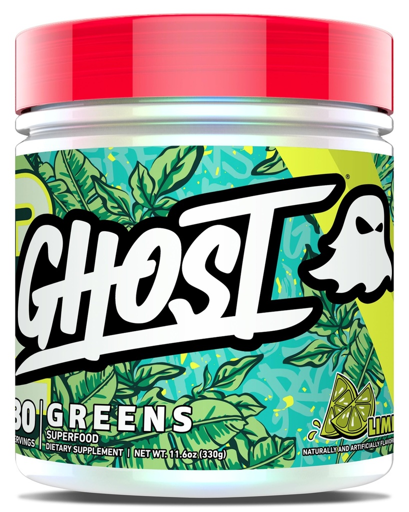 GHOST Green Powder, Lime - 30 Serving - 19 Superfood Green & Red Powder, Ovoce, Zelenina, Spirulina, & Chlorella, Prebiotika, 10 miliard CFU Probiotic & Digestive Enzymes - Gluten- bez