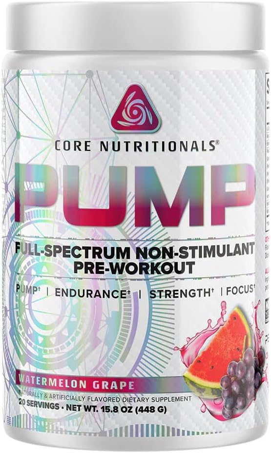 Core Nutritionals Pump Full- Spectrum Non- Stimulant Pre- Cvičení, s N03T dusičnan, Peak02, Alpha GPC, pro maximální čerpadlo, sílu a výkon 20 Služeb (Meloun Grape)