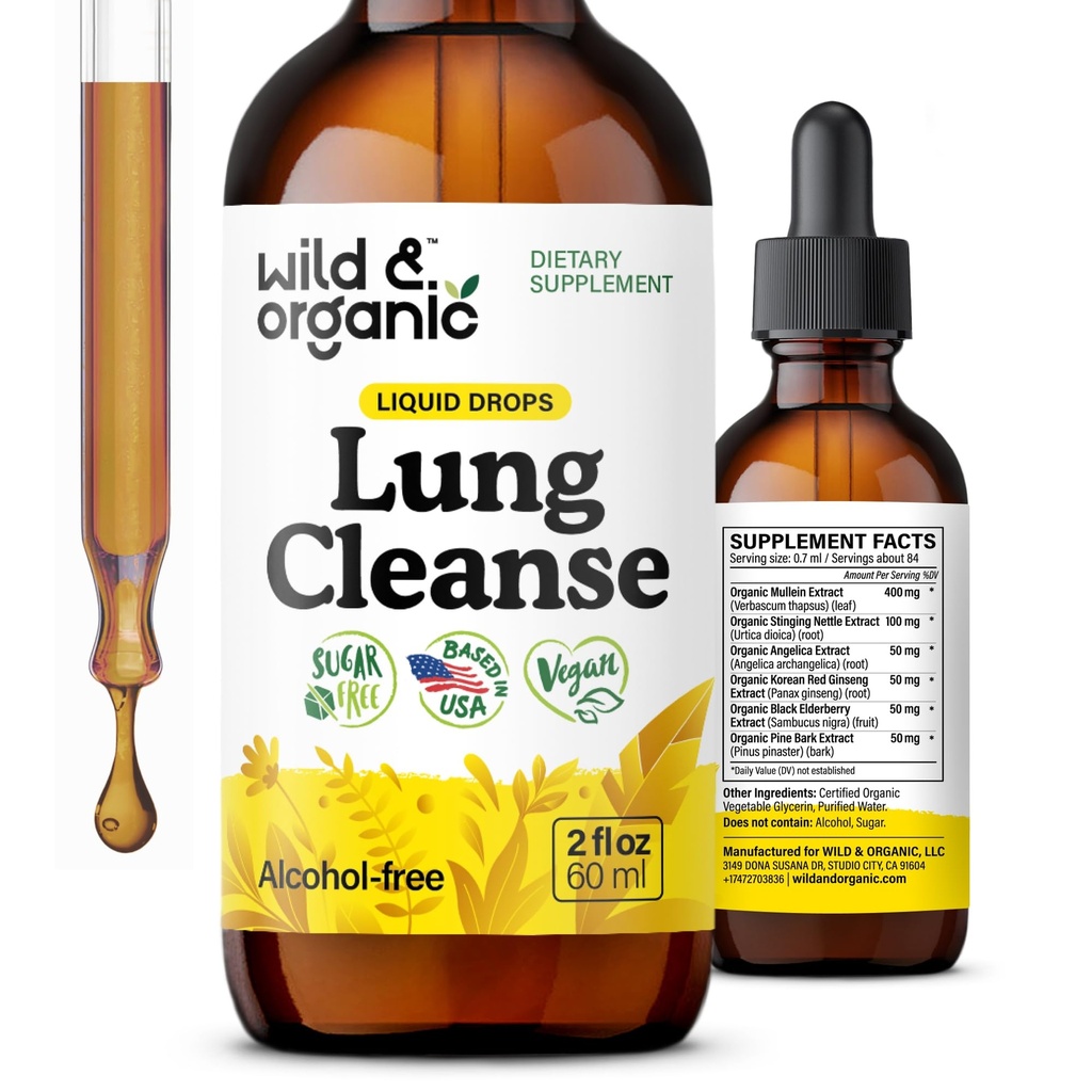 Wild & Organic Lung Cleanse Tincture - Mullein Leaf Extract for Lungs - Bylinné detox doplňky - Vegan, Cukr & Alcohol- Free Mullein Drops - 2 fl oz