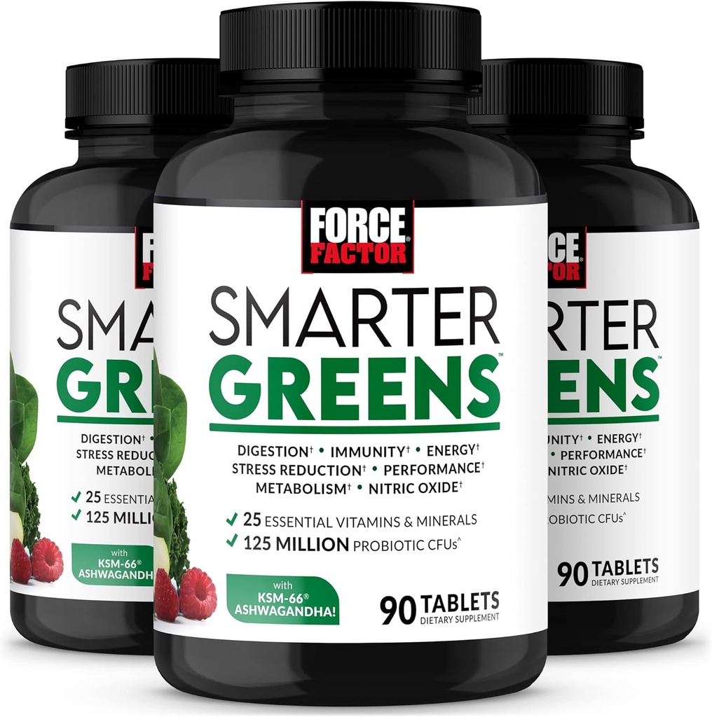 FORCE FACTOR Smarter Zelené Tablety, 3- Pack, Zelený dodatek s 25 + Superfoods a antioxidanty k zlepšení trávení, snížení stresu, posílení imunity, a podpora metabolismu, 270 Tablety