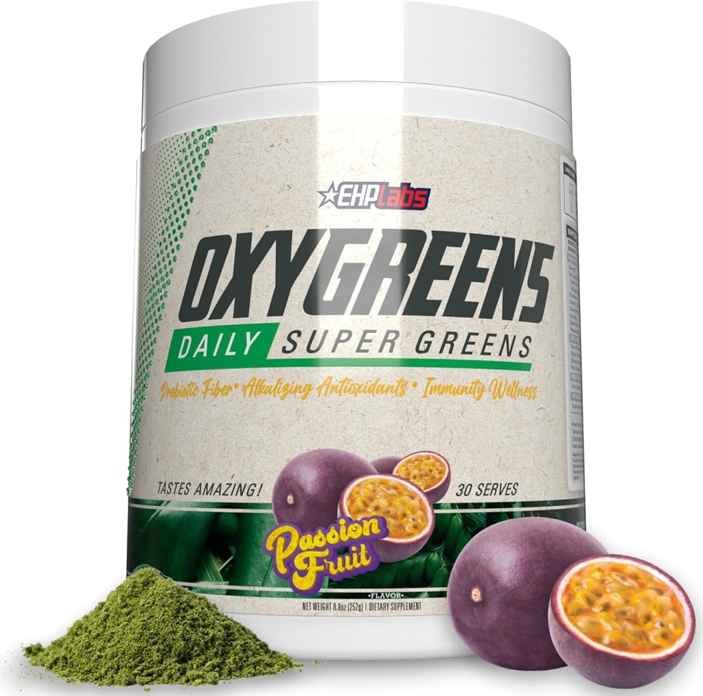 EHP Labs OxyGreens Super Green Powder - Spirulina & Chlorella Superfood, Green Juice Powder & Green Doplňky s prebiotická vlákna, Antioxidanty & Imunity Support, 30 Slouží (Passionfruit)