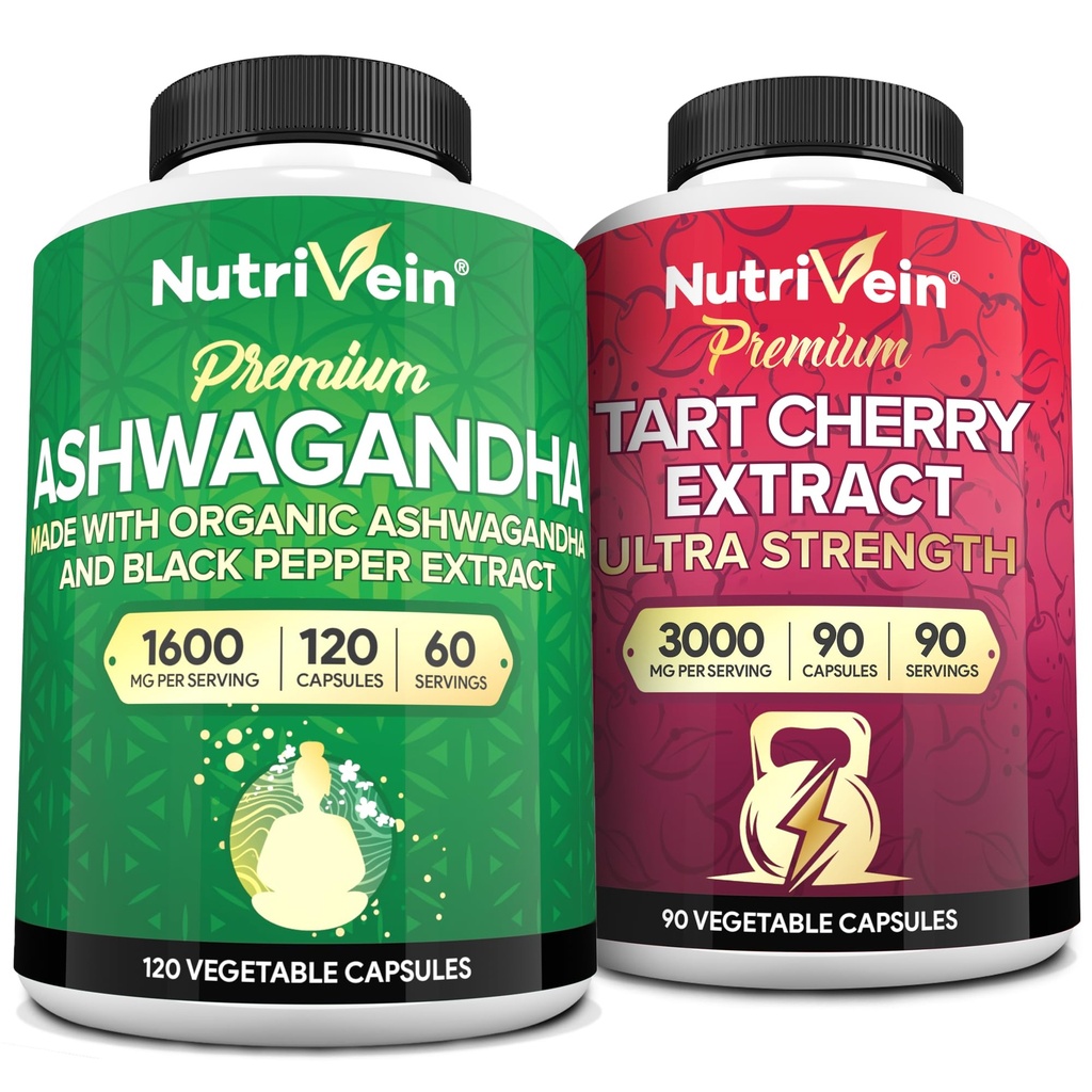 Nutriční Premium Ashwagandha Kapsle & Tart Cherry Kapsle Bundle: High- Absorpční Tart Cherry Extract a Ashwagandha doplňky pro obnovu, rovnováhu a vitalitu