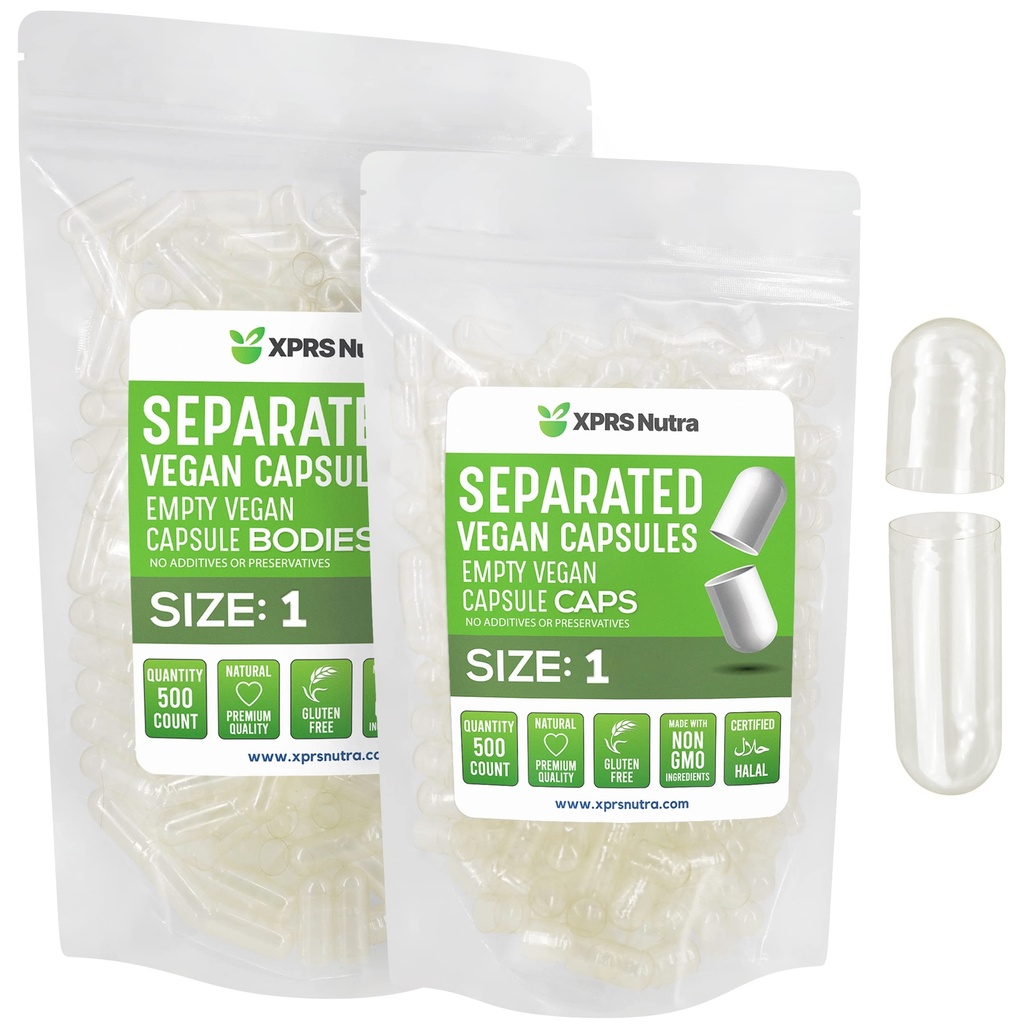 XPRS Nutra Vegan Velikost 1 Oddělené kapsle - 500 Hrabě Premium Prázdné kapsle Oddělené v sáčcích - Čiré pilulky 1 Prázdné pro DIY Dodatek Náplň