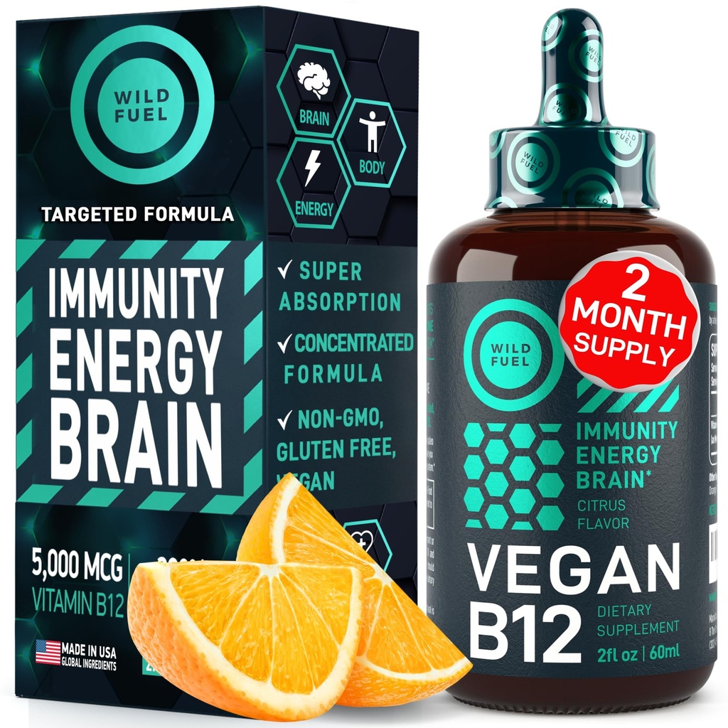 Vegan Vitamin B12 Liquid Drops - Fast- acting B12 Sublingual 5000 mcg Methylkobalamin dodatek - Energie, paměť a nálady podpora - high- potency One- Dropper per day - Natural Citrus Flavor - 2oz
