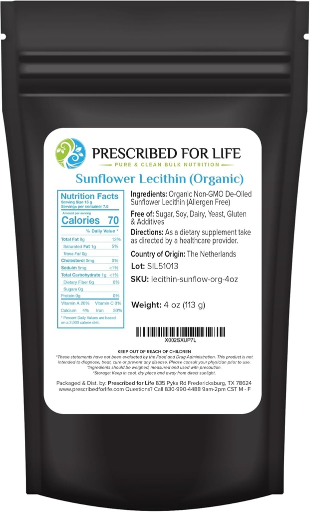 Předepsaný pro život organické slunečnice Lecithin Powder, přírodní, gluten Free, Vegan, non GMO, Soy Free, Kosher, Lecithin dodatek bohatý na Choline & Essential mastné kyseliny (4oz / 113g)