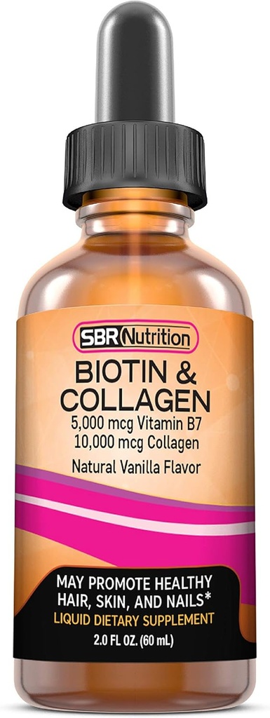 SBR Nutrition Biotin a kolagen Liquid Denní dietní dodatek, Vitaminy pro růst vlasů a zesilení, Zdraví pokožky a síla nehtů, 2 oz (60ml)
