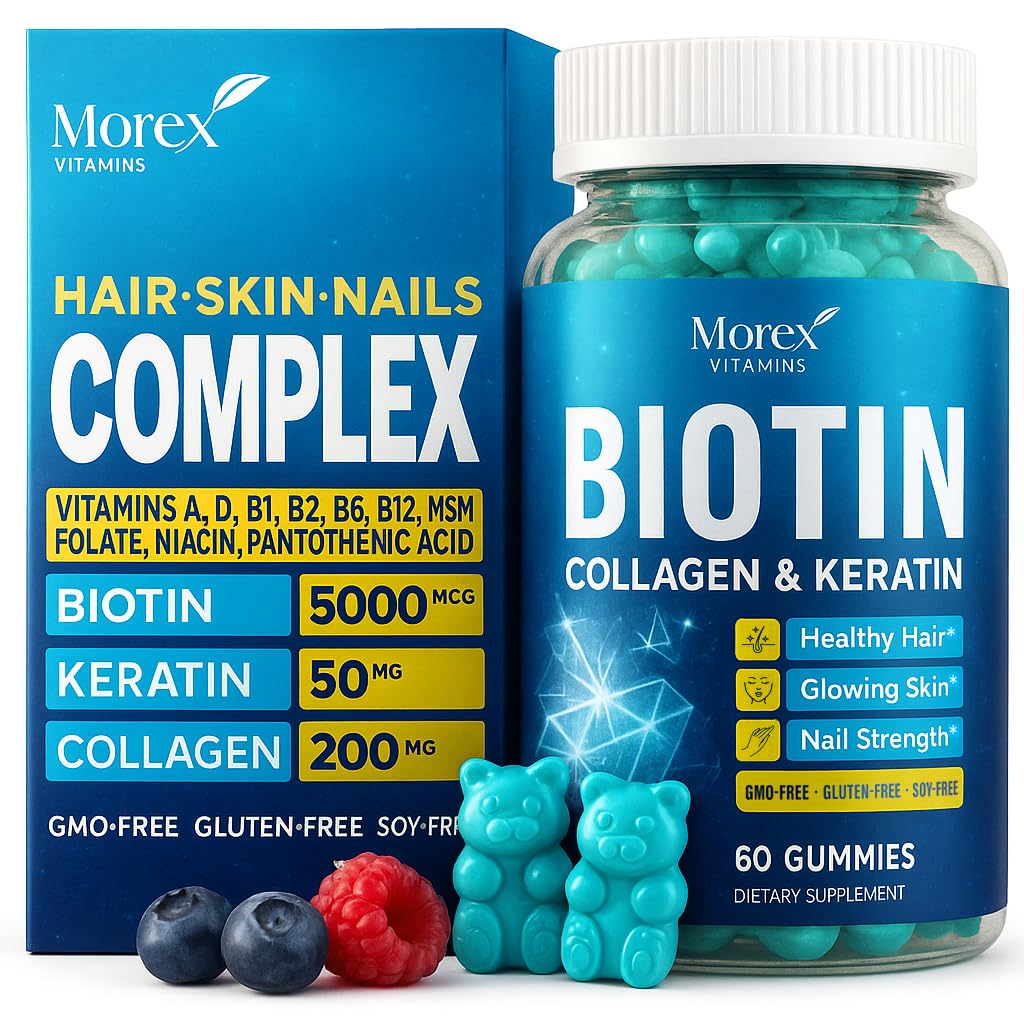 Biotin Kolagen Keratinové žvýkačky - Multivitamin přírodní pro vlasy, kůže a nehty s vitamínem A, D, B7 - Anti Aging Kolagen Gummy Vitamíny pro muže a ženy, Vlasy a hřebíky doplněk růstu - 60 Gummy Medvědy