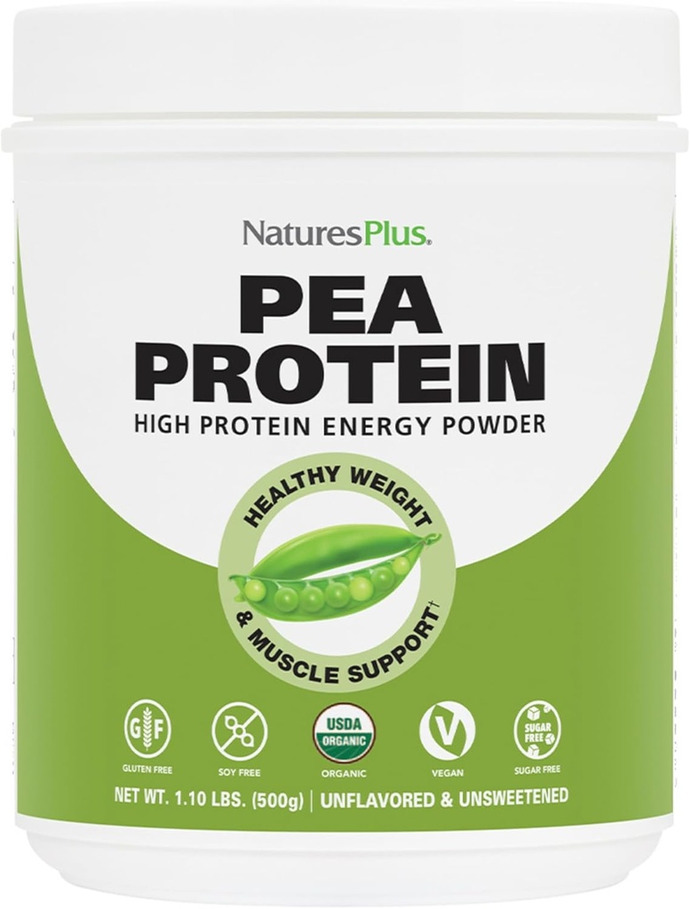 Natures Plus Organic Pea Protein - 1,1 lbs, Vegan Drink Powder - High Energy Protein Powder, Hunger Suppressant, Muscle Builder, Promotes Heart Health - Non- GMO, Vegetarian, gluten- Free - 25 Služeb