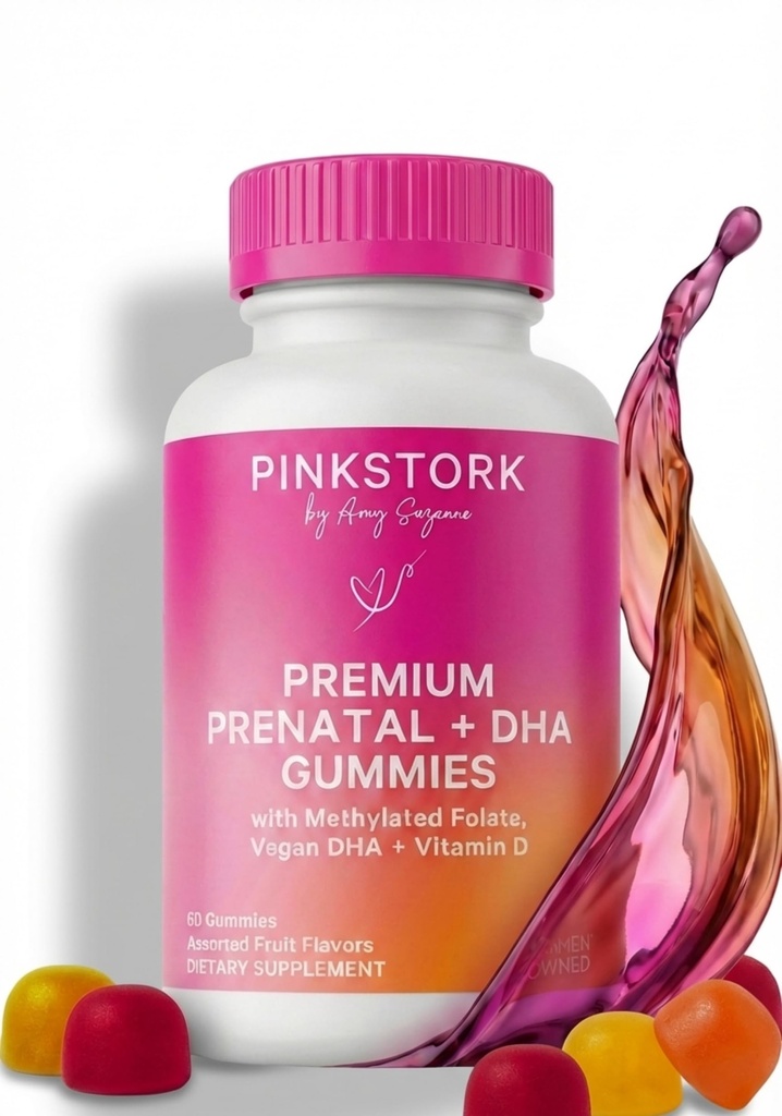 Pink Stork Premium Prenatal Gummy Vitamíny s DHA, Folát, a Vitamin D - Multivitamin a Nutrient Směs pro neurální trubici a vývoj fetálního mozku - Těhotenství musí mít - 60 Veganské gumy