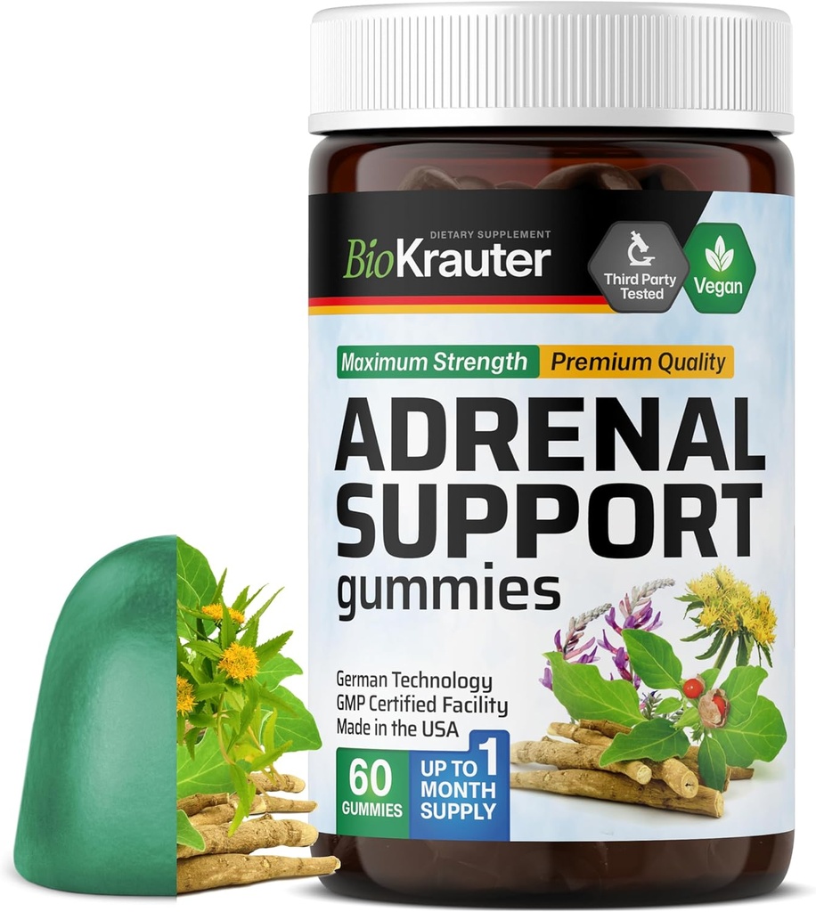 BIO KRAUTER Adrenal Support Gummies - 60 Chews - Rhoddiola & Ashwagandha Gummies with Vitamins C, B6, B12 - Vegan Mood Supplement