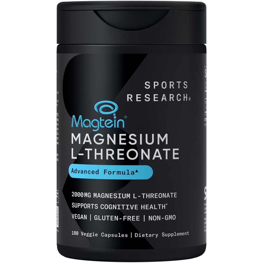 Sportovní výzkum Magtein Magnesium L- Threonát Kapsle - doplněk hořčíku pro paměť, Focus & Cognition - Magnesium L Threonát podporuje zdraví mozku, spánek & Mood - 2000mg, 180 Kapsle pro dospělé