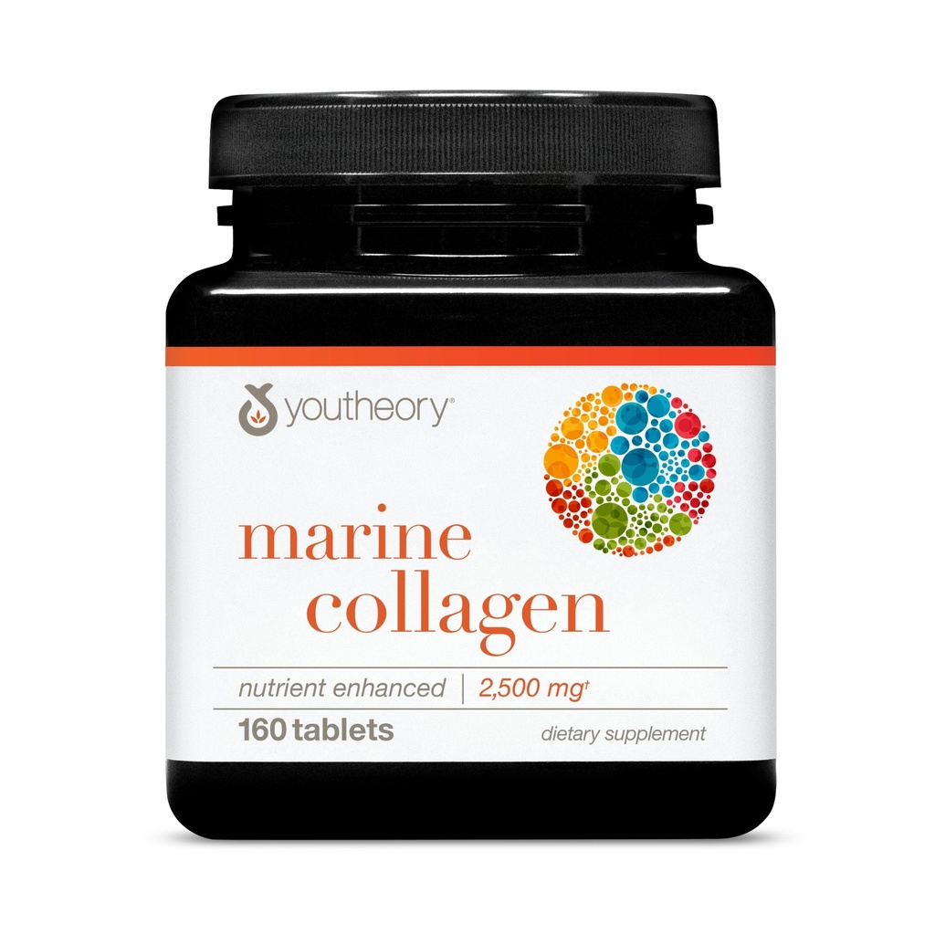 Youtheory Marine Collagen - 2,500 mg - Podporuje společné, nehtové, vlasy, kůže, kosti a svalnaté zdraví * - s aminokyseliny, minerály a vitaminy C, A, E, B6 & B12-160 Tablety (32- denní zásoba)