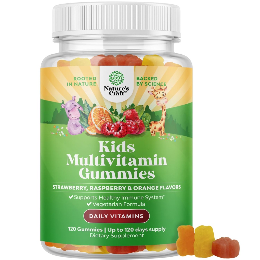 Natures Craft Plant Based Kids Multivitamin Gummies - Multivitamin pro děti Podpora imunity Guminy s vitamíny A C D3 E B a zinek želatina a gluten zdarma Non- GMO Vitaminy Gummy Formule 120ct