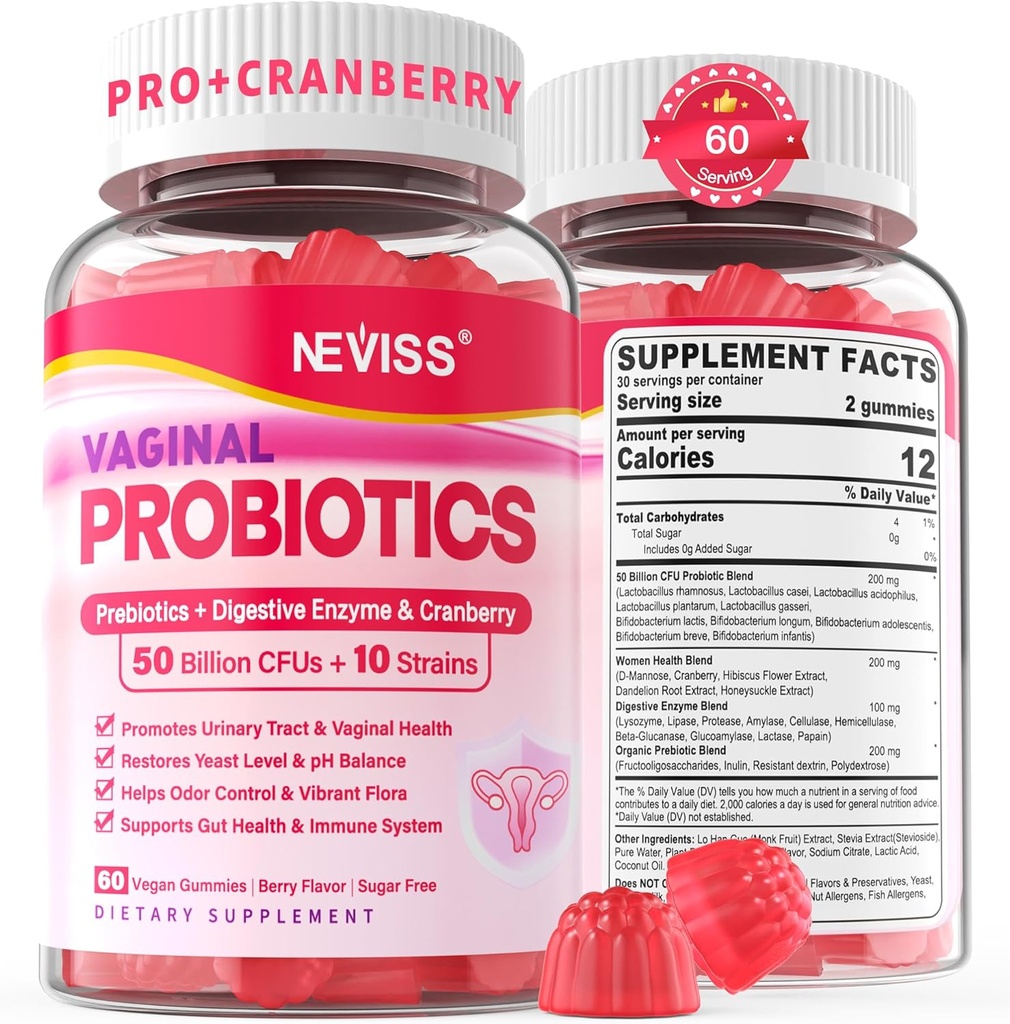 Vaginální probiotika Gummie pro ženy PH Balance, Odorová kontrola s prebiotika, Cranberry, D- Mannose, Promotes Feminin Zdravá Vaginální Flora, Močová Trakt, kvasnice, Digestivní podpora, Cukr zdarma, 120Cts