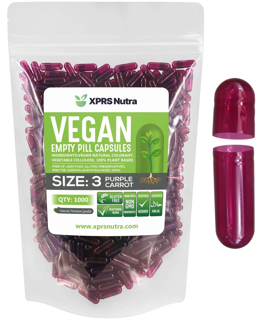 XPRS Nutra Velikost 3 Prázdné kapsle - 1000 hrabě Prázdné Vegan - Vegetariánské pilulky - DIY Zeleninové kapsle Plnicí - Veggie Pill Caps (Purple Carrot)