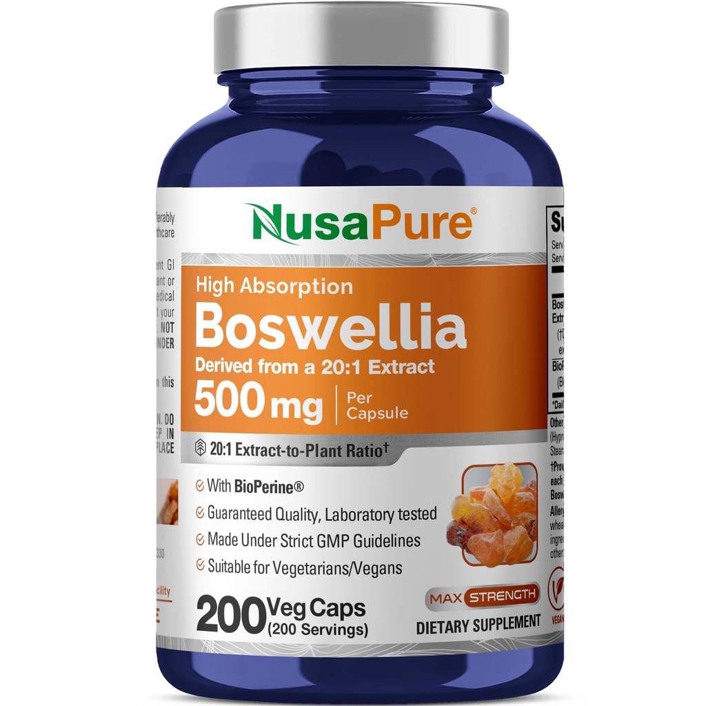 NusaPure Boswellia Serrata 10 000 mg per Veggie Caps 200 Počet (Konec 20: 1, Non- GMO, Vegan, Bioperin) Ayurvedic Herb: Indian Olibanum, Frankincense