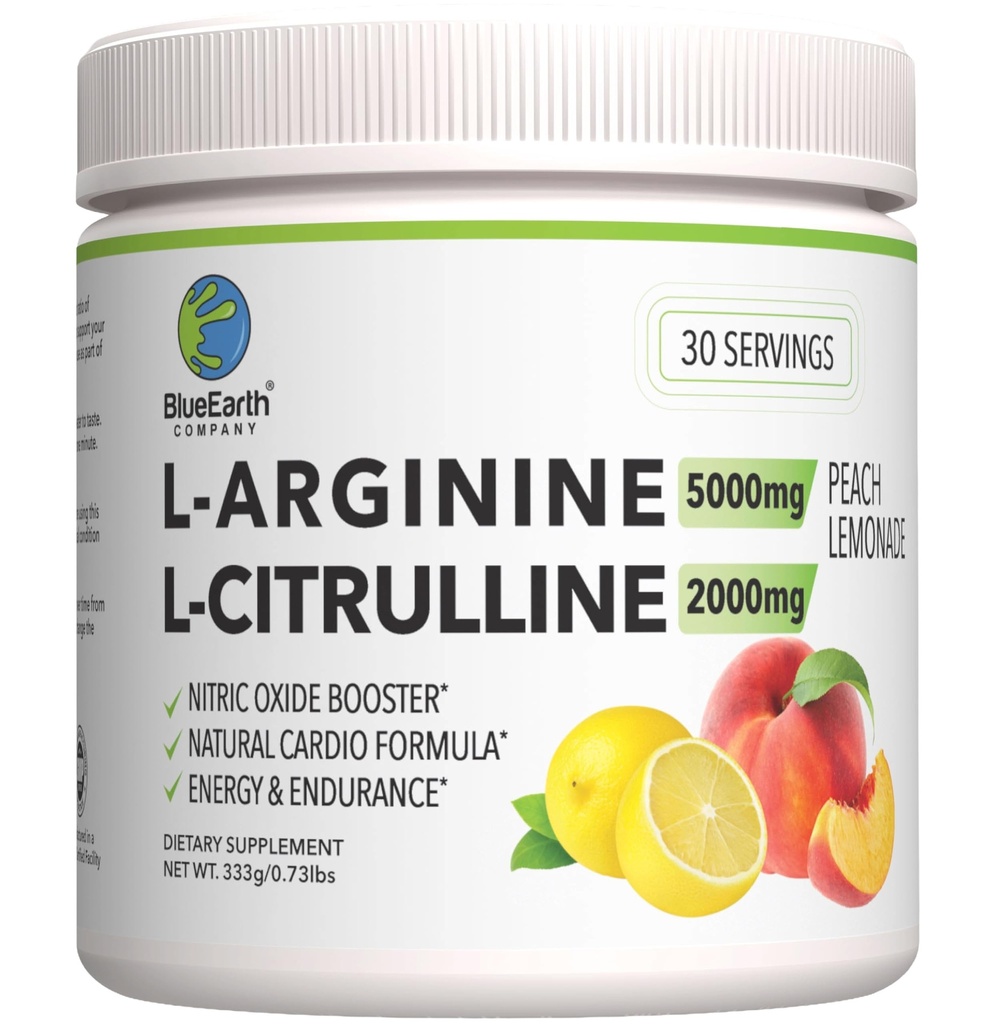 L- Arginin 5000mg + L- Citruline 2000mg Complex Powder Supplement - Nitric Oxide Booster - Heart Health, Blood Flow, Energy & Endurance - 30 Servings (Peach Lemonade)