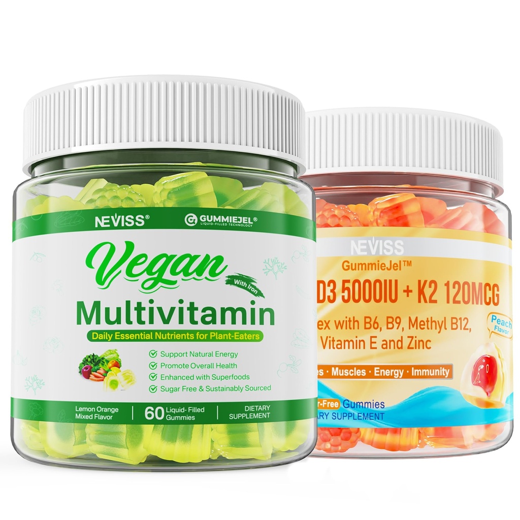 NEVISS Vitamin D3 5000IU + K2 (MK-7) 120mcg s veganským multivitaminem pro ženy se železem, vitamin B12, A, D3, K2, Řasy Omega 3, hořčík, zinek