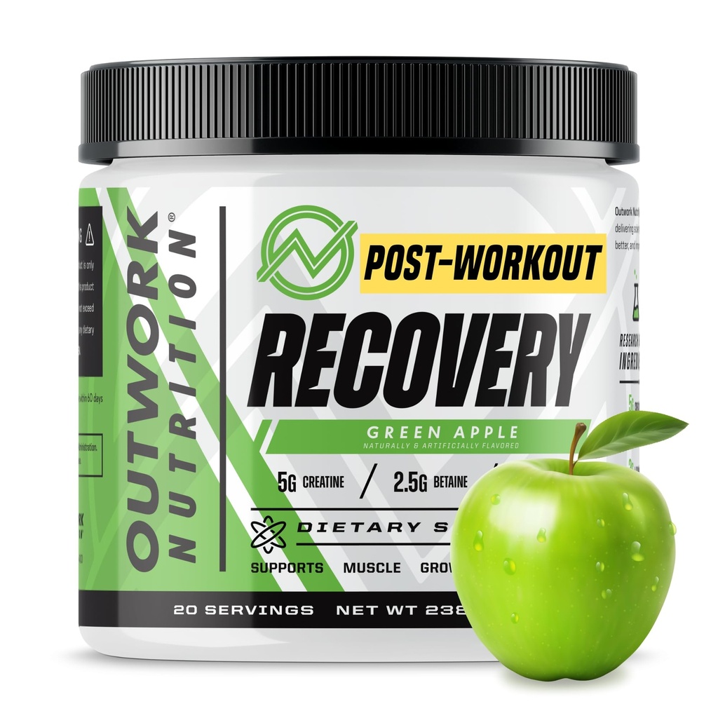 Outwork Nutrition Post Workout Recovery Powder - Creatine Monohydrát, KSM- 66 Ashwagandha & Tart Cherry - Speeds Recovery, Eases Soelth - Creatine Powder for men & Women, Green Apple, 240 Gr