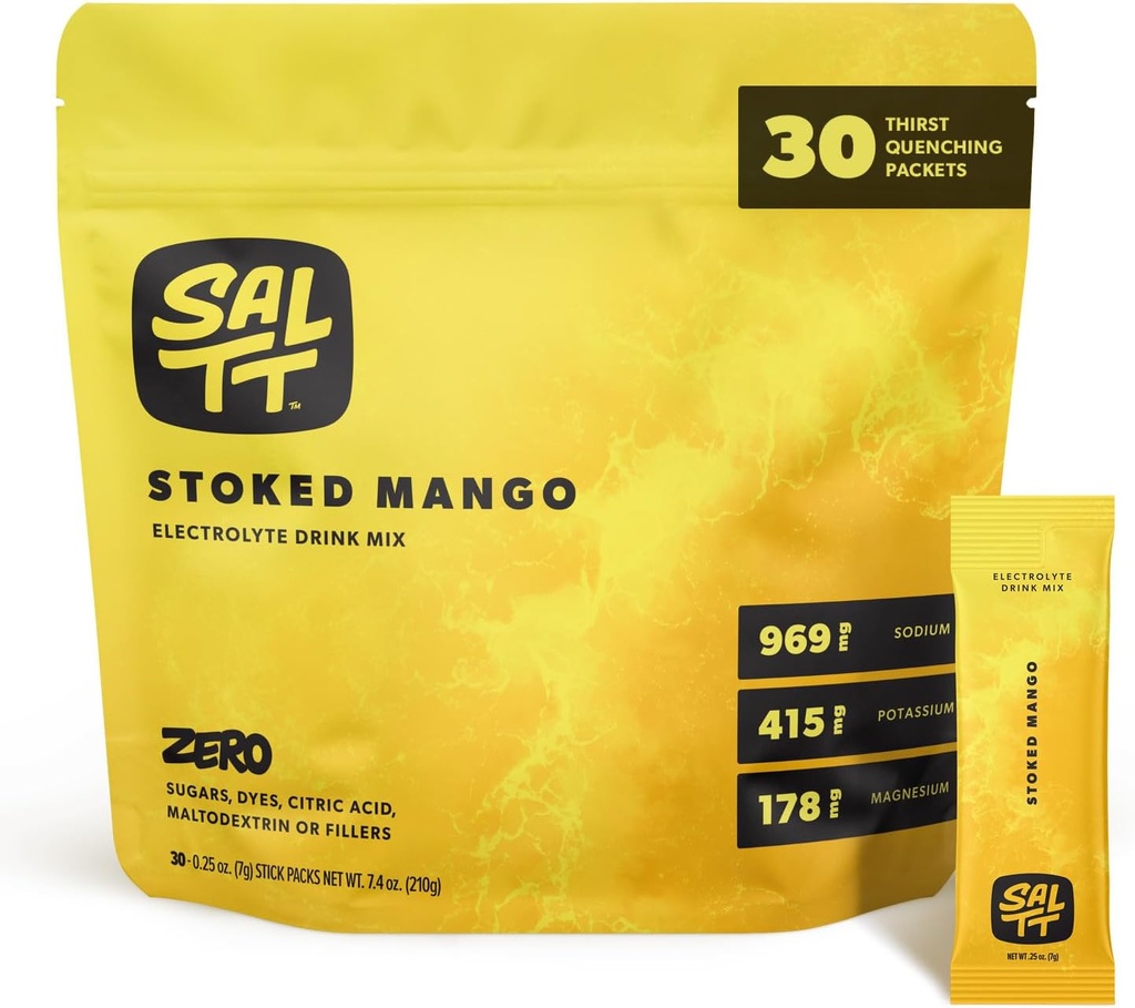 SALTT Electrolytes Powder Ochucený nápoj Mix - Spocený Mango - 30 Hydratační balíčky - hořčík, draslík, sodík, stopové minerály - Nulový cukr & gluten zdarma - Cestování Essentials