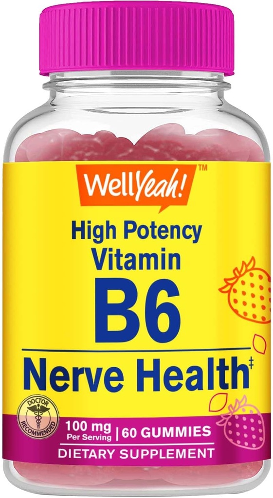 WellYeah High Potency Vitamin B6 Gummies - Promotes Nerve Health, Cognitive Function, Mood Regulation, Imunitary Support, and Cardiovaskulární zdraví - Vegan, Non- GMO, Gluten- Free - 60 Počet