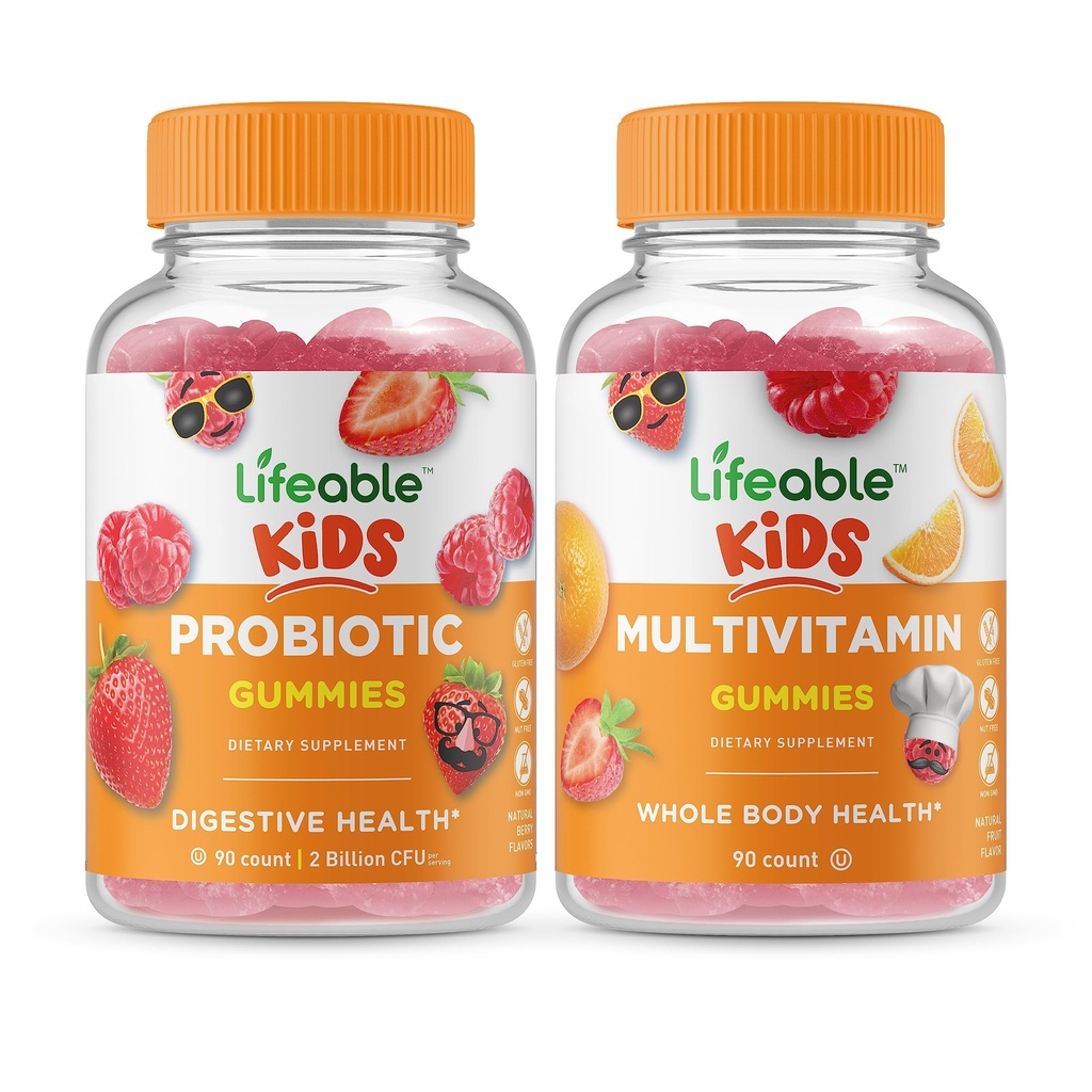 Živý Probiotický 2 miliardy CFU děti + Multivitamin děti, Gummies Bundle - Velký přípitek, dodatek vitamínu, gluten zdarma, GMO zdarma, žvýkací žlab
