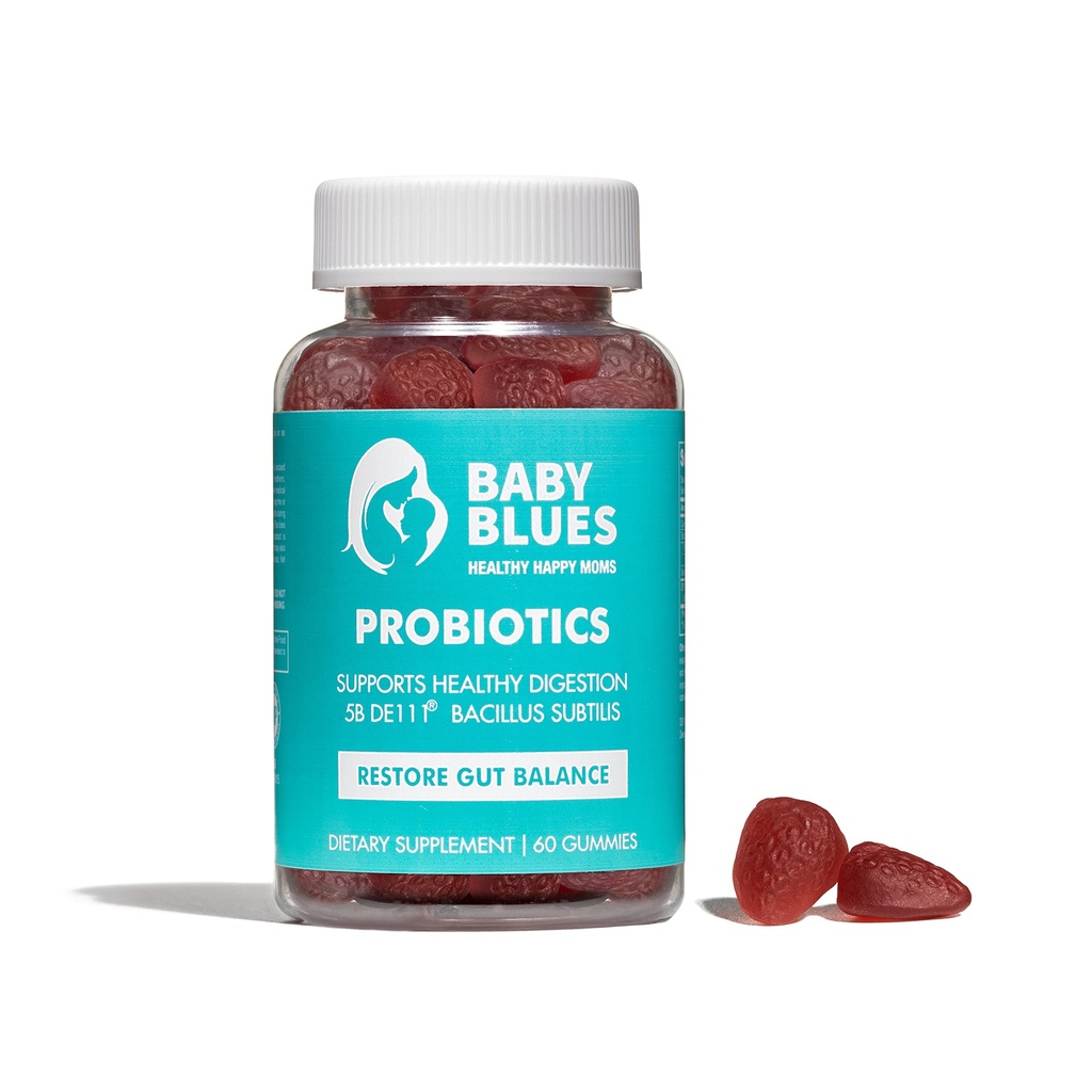 Baby Blues Probiotické gumy pro ženy - Organické jahodové aroma - Gut, imunitní, kůže a vaginální zdraví - 5 miliard CFU DE111 ® - Veganský denní dodatek pro matky - Pre / postnatální podpora