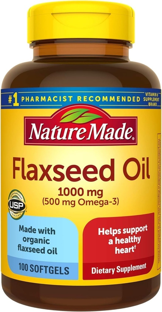 Příroda Made Flaxseed Oil 1000 mg, Ryba zdarma Omega 3 dodatek, Dietní dodatek pro podporu srdečního zdraví, 100 Softgels, 100 Den Dodávka