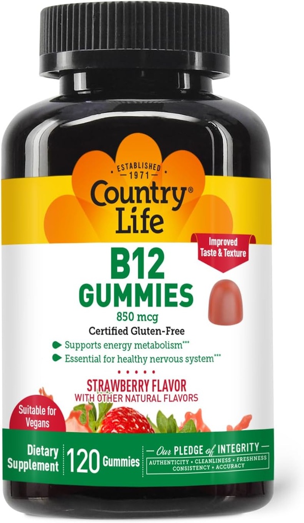 Country Life Vitamin B12 Gummies - 850 mcg kyanokobalamin, 120 Count - Vegan, gluten- Free Gummy dodatek pro energetický metabolismus a podporu nervového systému - Přírodní jahodové aroma, 2g cukru