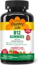 Country Life Vitamin B12 Gummies - 850 mcg kyanokobalamin, 120 Count - Vegan, gluten- Free Gummy dodatek pro energetický metabolismus a podporu nervového systému - Přírodní jahodové aroma, 2g cukru