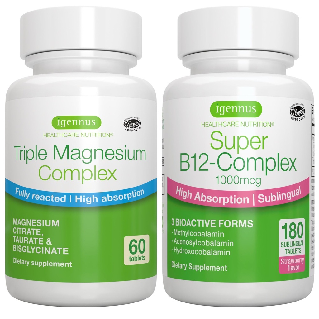 Triple Magnesium Complex + Super B12- Complex Energy Bundle, High Absorption Chelated Glycinate, Taurate & Citrát Magnesium + High Absorption Sublingual B12, Vegan, by Igennus