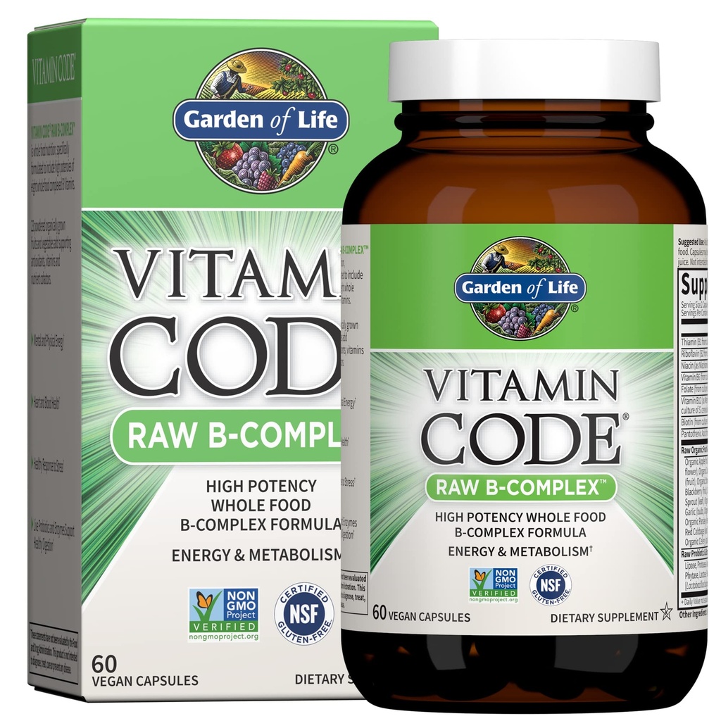 Zahrada života vitamin B Komplex, 60 Vegan Kapsle, High potency Vitamíny pro energii a metabolismus s B6, Folát & B12 jako Methylkobalamin Plus Probiotika