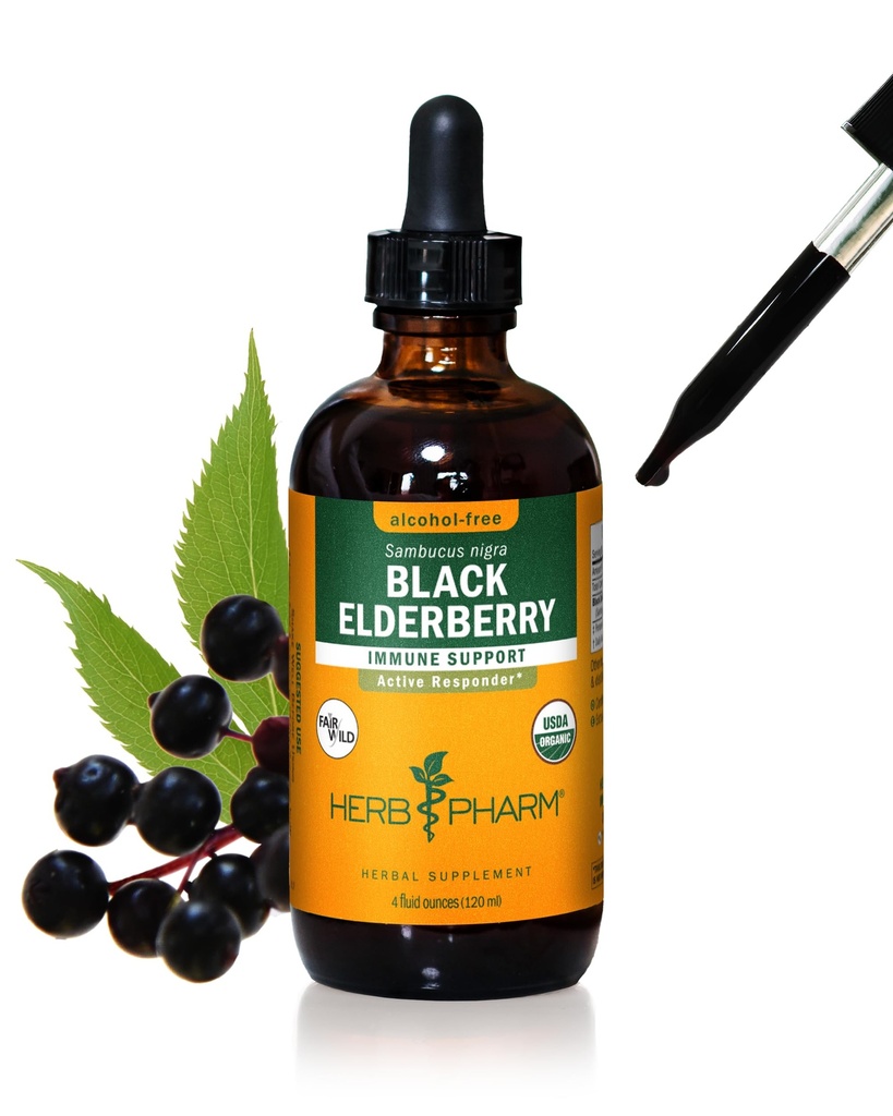 Herb Pharm Certified Organic Black Elderberry Liquid Extract for Immunication System Support, Alcohol- Free Glycerite, 4 Ounce