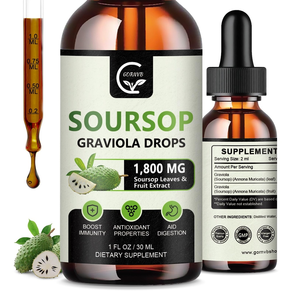 (2 Pack) Soursop Graviola Liquid Drops 1800mg, 98% Absorpce Soursop Bitters Liquid for Cell Support & Regeneration, Imunitate Boost, Relax, Játra a spánek, Bylinné dobro, Gluten Free, 1 Fl Oz