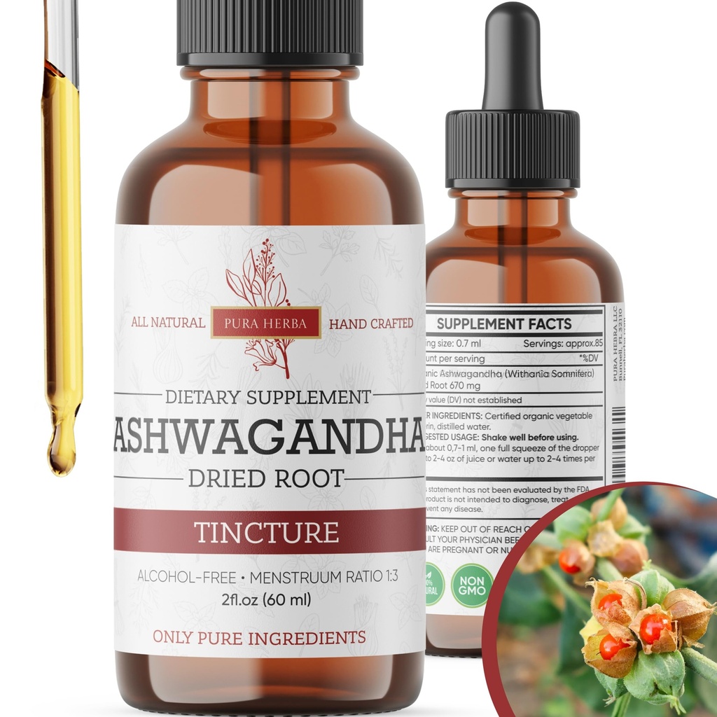 Organické Ashwagandha tekuté kapky, Ashwagandha kořenová tinktura, Ashwagandha Extract Herb doplňky - 2 Fl Oz