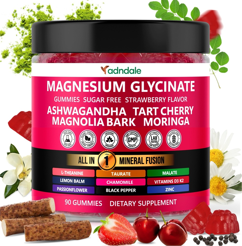 Adndale 90ct 15- in-1 Magnesium Glycinate Gummies 400 mg / ser- with Magnesium Malate, Ashwagandha, Tart Cherry, Magnolia Bark, Lemon Balm, Passionflower, Heřmánek, L- Theanin, Zinek, Vitamin K2 & D3