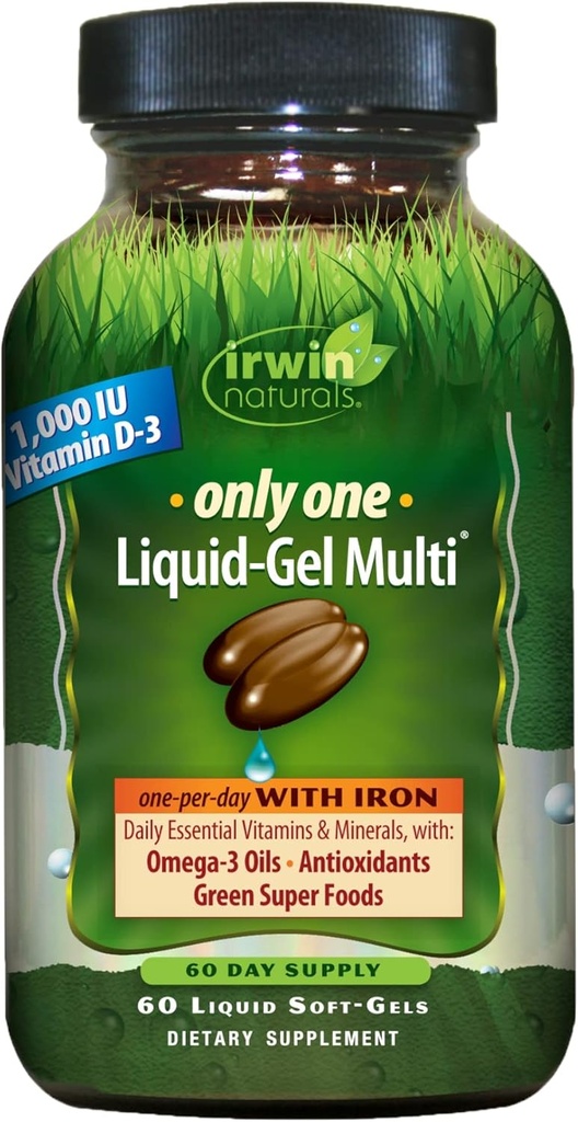 Irwin Naturals Only One Liquid- Gel Multi - 60 Softgels - One- Per- Day Multivitamin se železem, Omega-3 Oils, Antioxidanty a zelené Super Foods