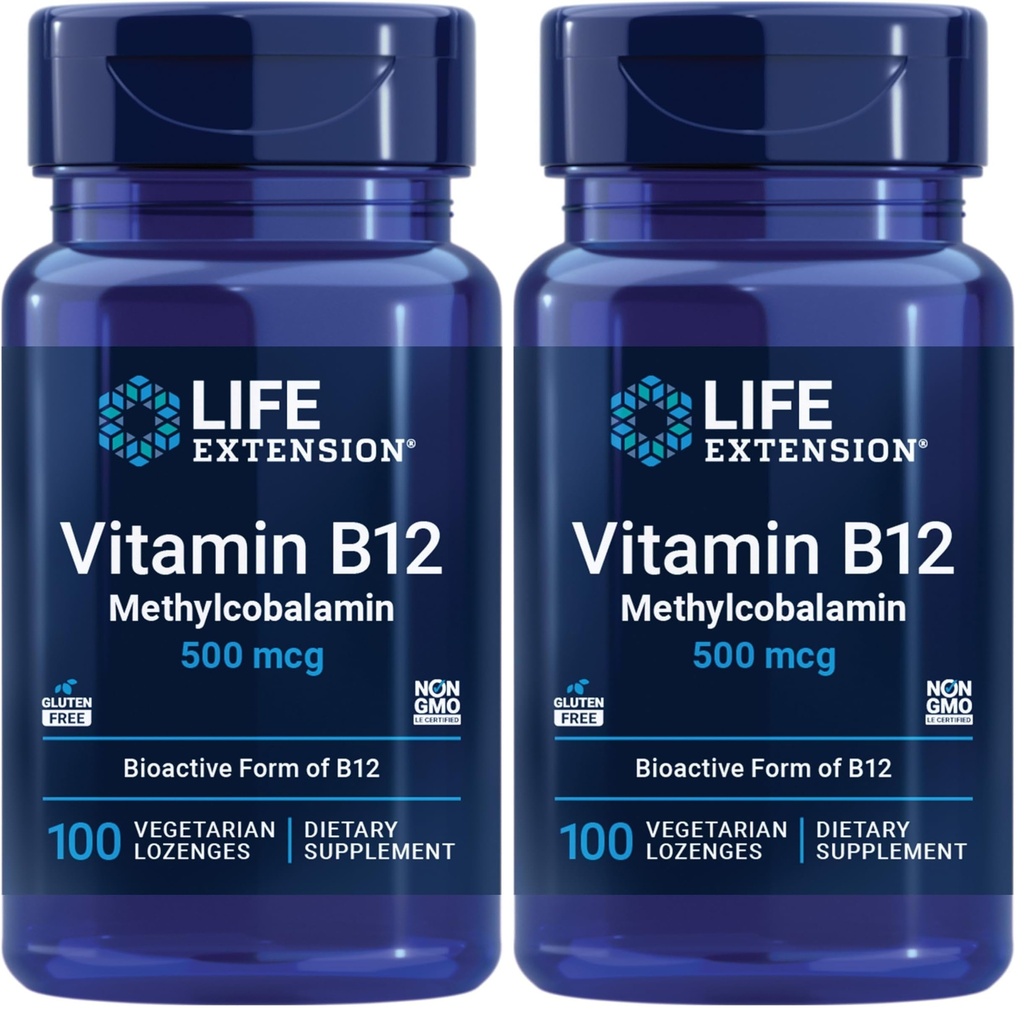 Life Extension Vitamin B12 Methylkobalamin 500mcg - Vitamin B12 dodatek pro všeobecnou energii a zdraví mozku - Cukr zdarma Vegetariánské Lozenges Disolovat ve vašich ústech - Jednou denně - 100 Počet