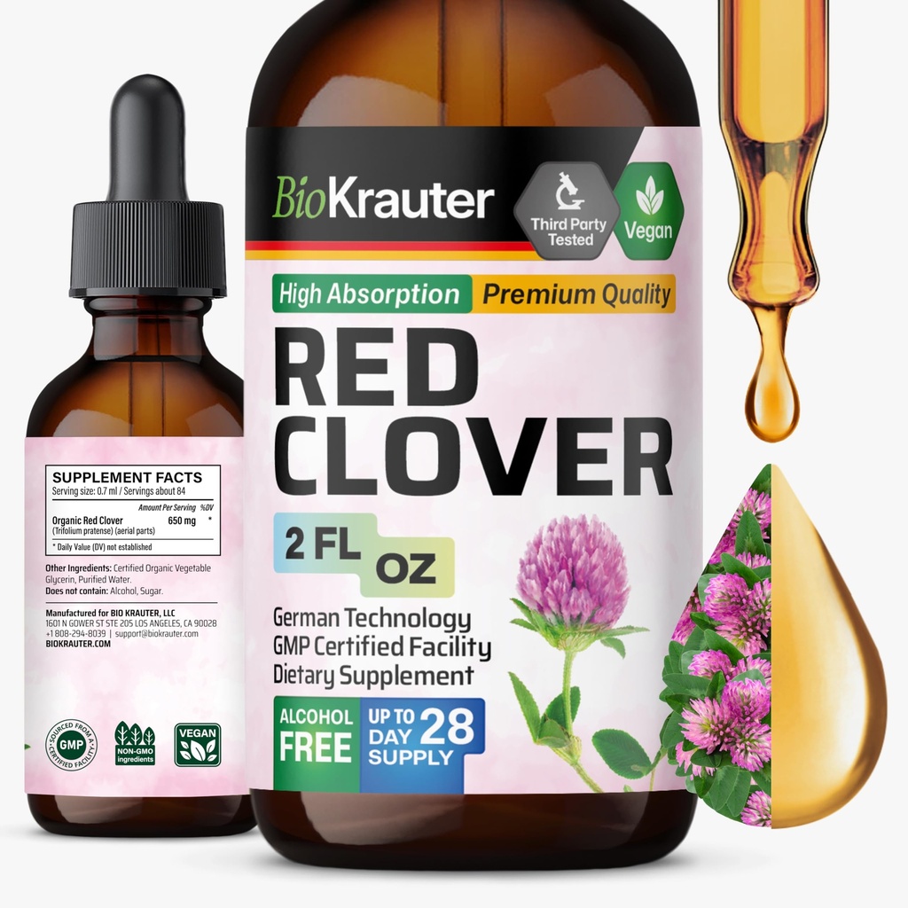 BIO KRAUTER Červený jetel Tinktura - Červený jetel Extrakt - Tekutý dodatek pro podporu žen - Alkohol a cukr zdarma - Vegan Drops 2 Fl.Oz.