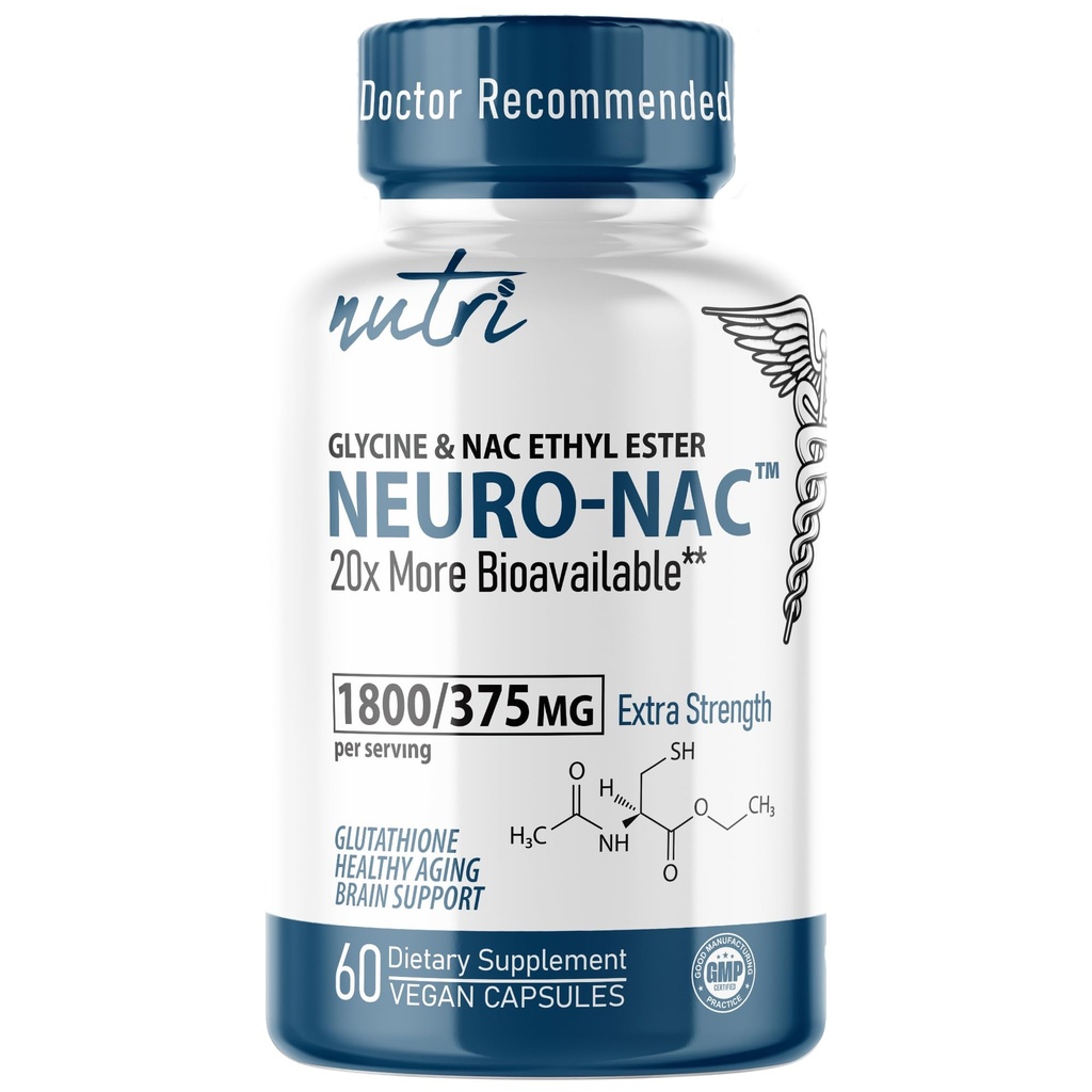 Nutri Neuro NAC dodatek 375mg Extra Strength with 1800mg Glycine - N- Acetyl Cysteine Ethyl Ester - 20x Více biodostupný - Boost Glutathione 10x Více - 90 Vegan Kapsle - 3. strana Testováno