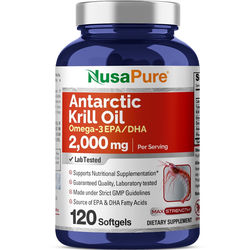 NusaPure Antarktida Krill Oil 2000 mg 120 Softgels, Omega33 EPA 360mg, DHA 240mg, Soyfree Astaxanthin dodatek Sourced from Krill 800ppm