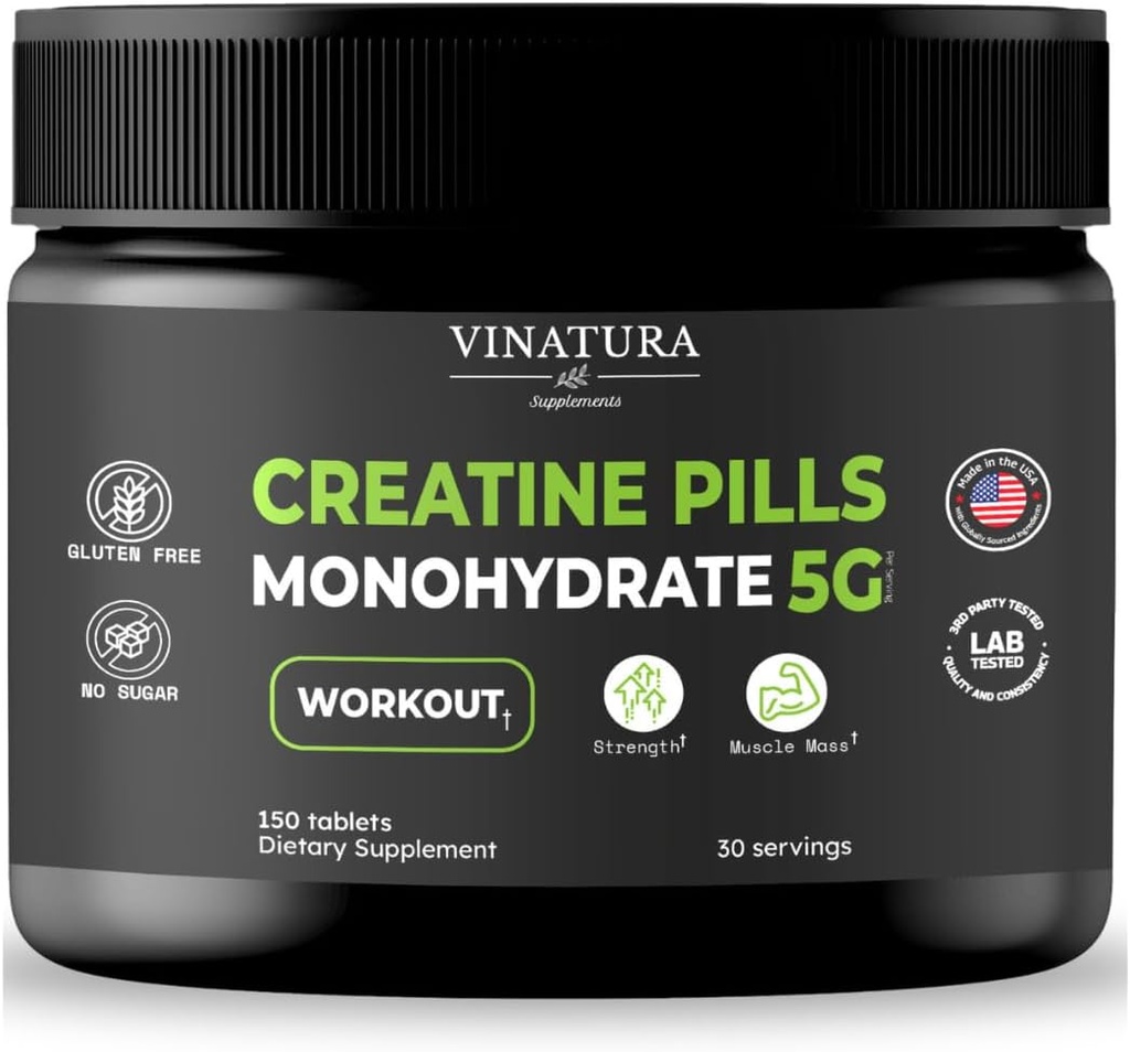 VINATURA Creatin Monohydrát pilulky 5g - kreatininové tablety, kreatinové pilulky pro muže, ženy, kreatinin en capsulas * USA Made & Tested * Neochucené, kreatinmonohydrát prášek alt, 150 Tablet 30 Podání