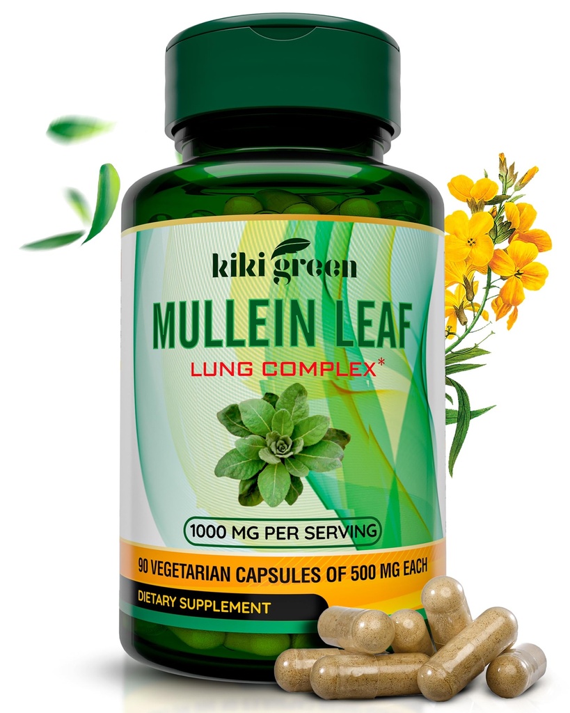 KIKI Green Mullein Leaf Extract Kapsle - Veganský bylinný dodatek - pro vyčištění plic, podpora, lepší dýchání, imunitní funkce - 1000mg 45 Služeb - 90 Počet