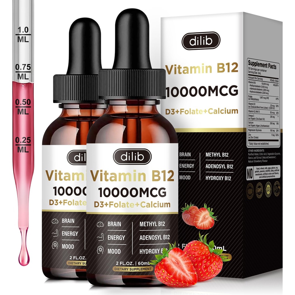 Vitamin B12 Kapalné Kapky Sublingual 10000 mcg, Triple B-12 Complex dodatek, Methyl & Methylkobalamin Směs pro ženy a muže, Mood & Energy Booster, Metabolismus & Podpora zdraví, 2 Pack