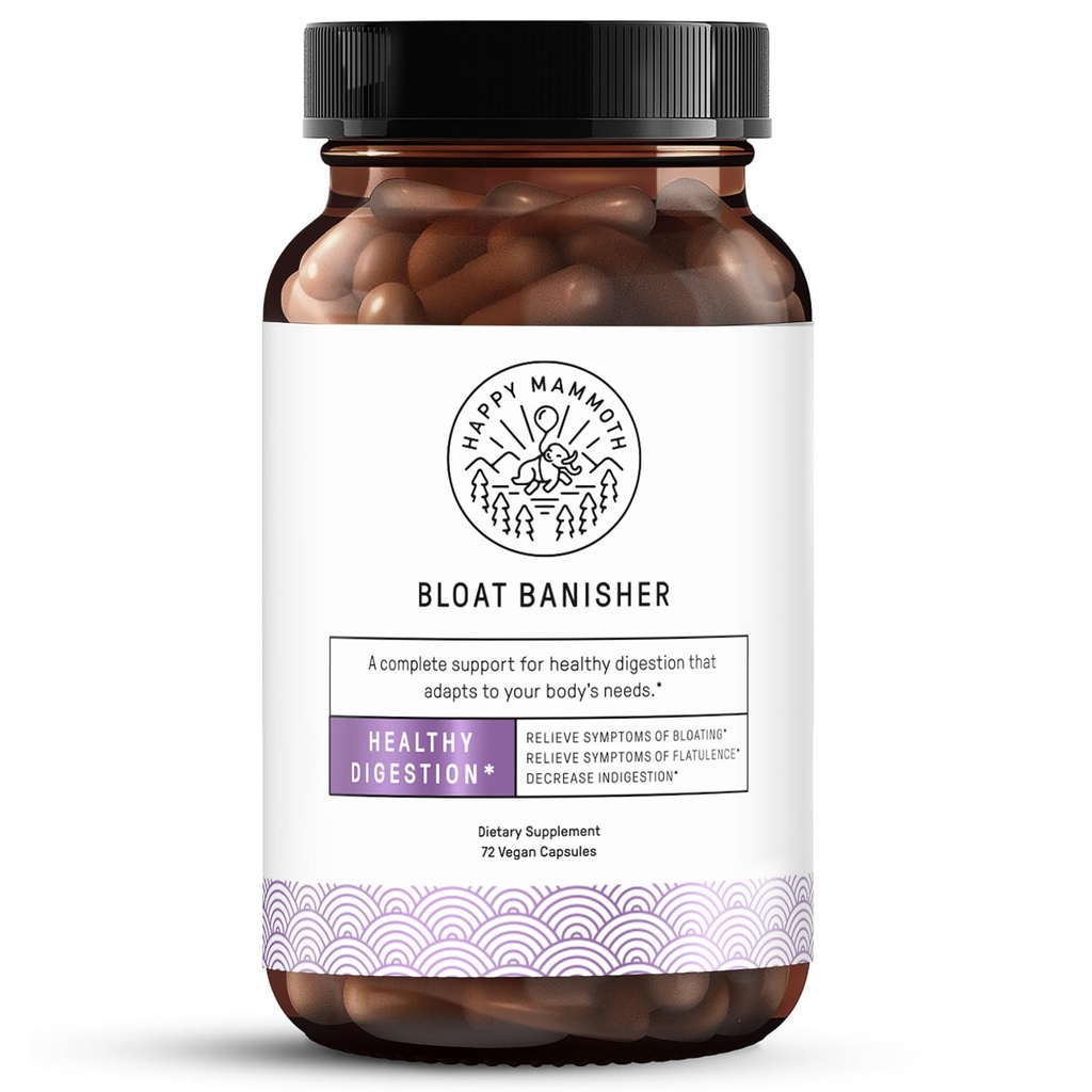 Happy Mammoth Bloat Banisher Natural Relief for Bloating, Gas, Požití a nepohodlí. Promotes Zdravé trávení dokonce obtížné potraviny, jako jsou mléčné výrobky, chléb, pizza, sýr & maso. 72 Caps