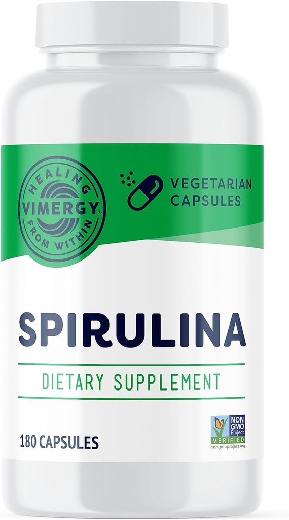 Viméries Spirulina Kapsle - Koncentrované rostlinné bílkoviny podporuje imunitní zdraví a kardiovaskulární funkce - Vegan, Kosher, gluten- Free - 180 Kapsle